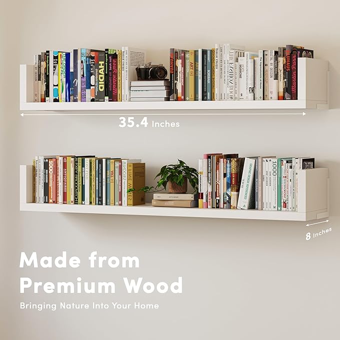 Wall Bookshelf, Set of 3, 36 Inches U Shaped Wall Shelves, Long Deep Floating Shelves, Large Floating Book Shelves - Wood Hanging Bookshelves for Kitchen, Bedroom