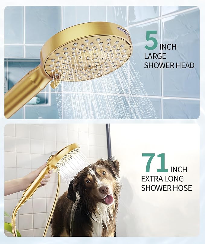 Filtered Shower Head with Handheld, High Pressure 9 Spray Mode Brushed Gold Showerhead with Filters, Detachable Shower Head, Water Softener Filters Beads for Hard Water - Remove Chlorine