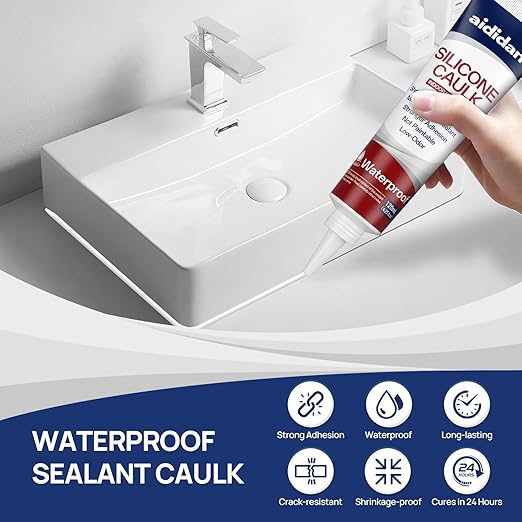 Silicone Caulk 4.23 Fl Oz for Kitchen & Bathroom - White, Waterproof Silicone Sealant for Window Toilet Sink Door Caulking Sealant Stronger Adhesion Shrink & Crack Proof (2 Pack)