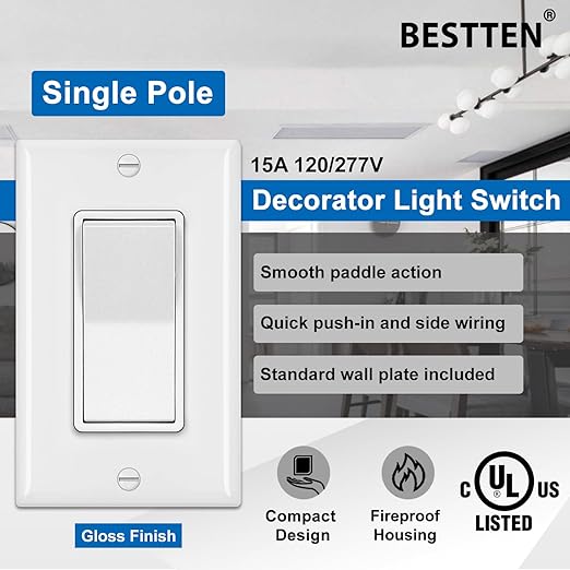 BESTTEN 100 Pack Single Pole Decorator Wall Light Switch with Wall Plate, 15A 120/277V, On/Off Rocker Paddle Interrupter for LED and Other Lamps, UL Listed, White