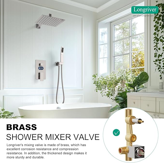 Shower Faucet Set with Hydro Power Temperature Display, Shower System Bathroom 10 Inches Shower Head with Handheld Spray, Wall Mounted Shower Fixtures with Shower Valve and Trim Kit, Brushed Nickel