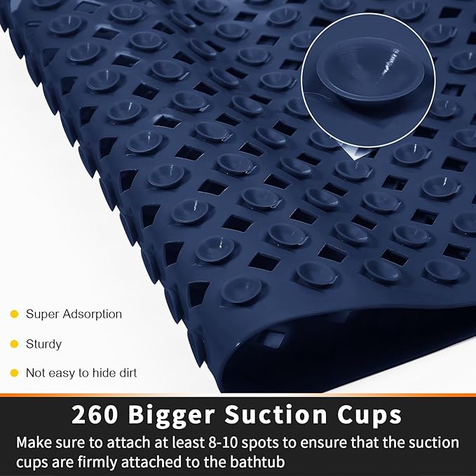 Yimobra Bathtub Mat Non Slip, Super Strong Suction Cups, 27.5"x15.5" Long Shower Mat with Drain Holes, Machine Washable Fast Draining Bath Mats, Bathroom Essentials,Navy Blue