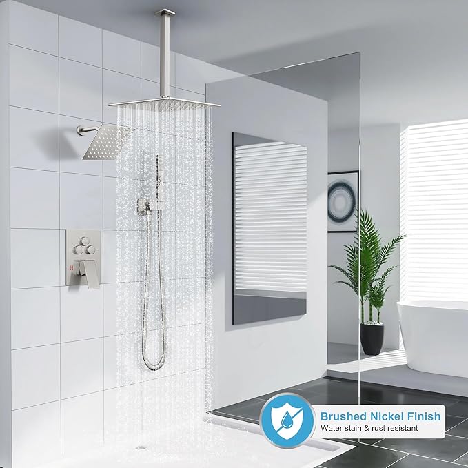 Shower Faucet Set Brushed Nickel Shower System, Ceiling Mount 10 Inch Shower Head With Wall Mount 6 Inch Shower Head and 2 in 1 Handheld Spray, Push Button Diverter Shower Valve Trim Kit