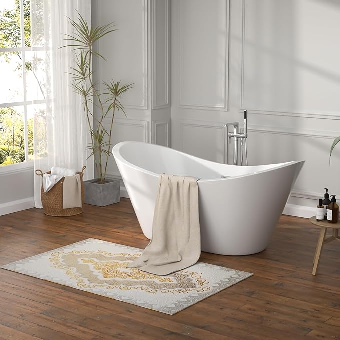 59" Freestanding Acrylic Bathtub – White Double Slipper Soaking Tub with Chrome Drain & Overflow, Glossy Finish for Modern Bathrooms #YSB9210