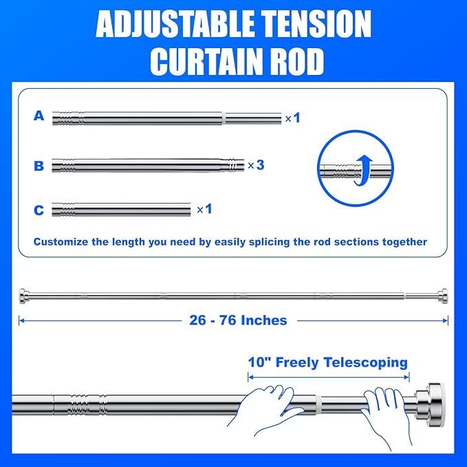 Ausemku Shower Curtain Rod Tension - 26-76 Inch Never Rust Non-Slip Spring Tension Curtain Rod No Drilling Stainless Steel Curtain Rod Use Bathroom Kitchen（Silver）