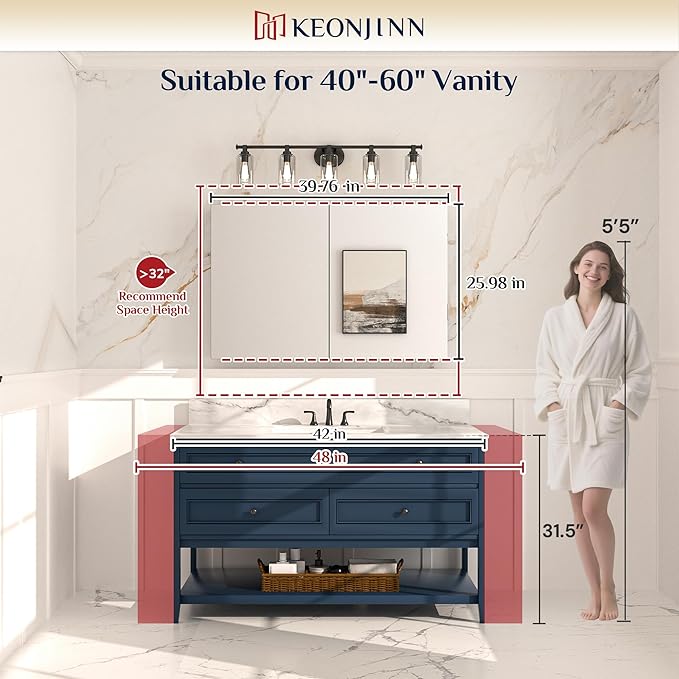 Keonjinn 40 x 26 Inch Medicine Cabinet, Assembly Required, Black Bathroom Medicine Cabinets Mirror, Lightweight, Adjustable Shelves, Surface Mount or Recessed, Tempered Glass