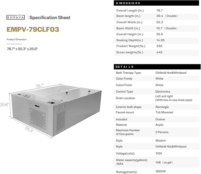 Empava Luxury 79" Dual-Zone Hot & Cold Tub: Whirlpool Bathtub with Hydro-Massage & Cold Plunge with Smart Chiller – Featuring Ozone, App Control for Recovery & Wellness Rituals