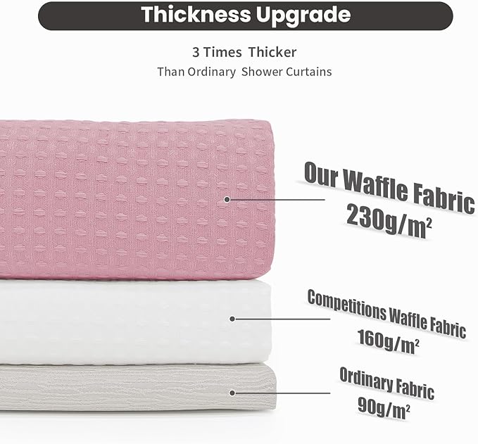 Inhousolu No Hook Waffle Weave Shower Curtain with Removable Snap in Fabric Liner Set for Bathroom, 230 GSM Heavy Duty Weighted Hem, Water Repellent Washable Bath Curtains, 72 x 72 Inch, Pink