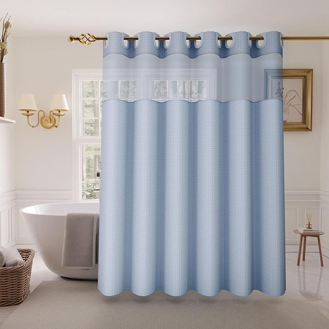 Inhousolu Extra Long No Hook Shower Curtain with Snap in Fabric Liner Set Waffle Weave 230GSM Weighted Hem, Waterproof & Washable Bathroom Curtain Spa Luxury with Mesh Top Window 72"W x 84"L Fog Blue