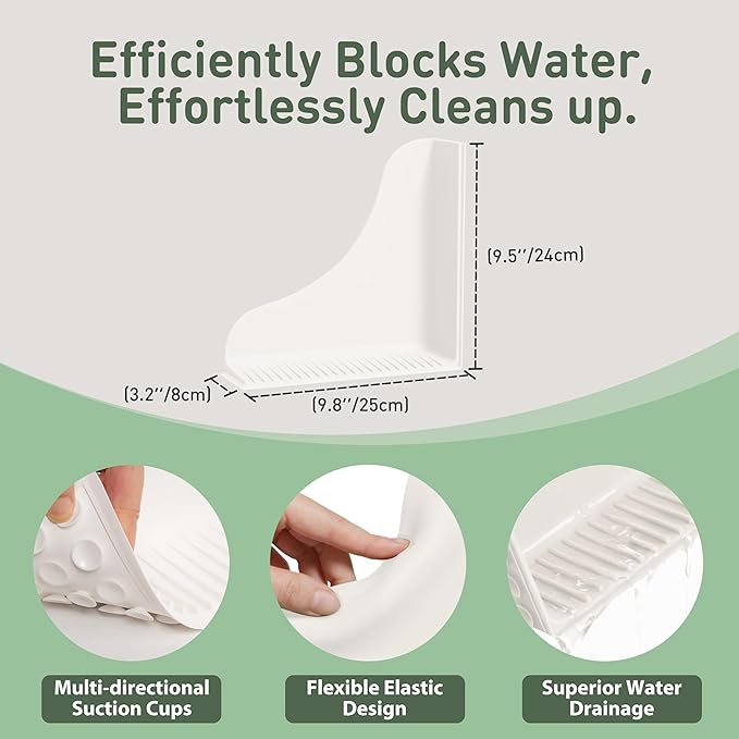 No-Adhesive 2-Pack All-Silicone Shower Splash Guard with Strong Suction Cups, Reusable Bath Tub Corner Water Blocker for Secure Seal&Easy Removal，Keep Water in Shower or Bath, One-Piece Design, White
