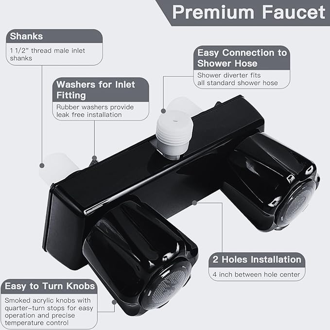 RV Shower Faucet, Camper Shower Faucet Replacement, with 2 knobs 4 Inches Outdoor Shower Faucet use for Mobile outside Van Travel Trailer Motorhome Bathroom and Boat(Black Faucet)