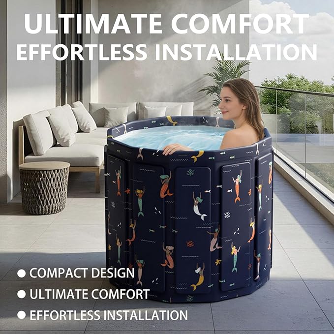 Portable Bath Tub for Adult, Foldable Soaking Bathtub for Hot SPA&Ice Bath, Foldable Small Bathtub Collapsible Tub for Bathing, Quick Setup No Installation (25.9X31.5 IN, Blue Fish)
