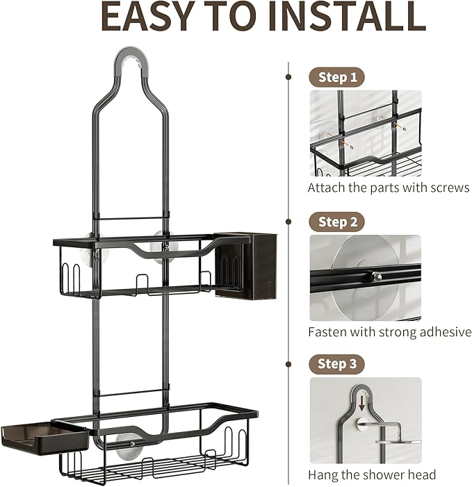 Shower Caddy Hanging 2-Tier Bathroom Organizer for Tall Showerhead with Soap Dish and Toothbrush Holder,Rustproof Over Shower Head Rack,Black