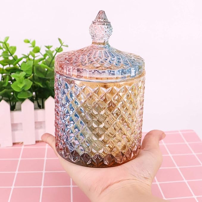 Colorful Home Decorative Jar Qtips Holder Dispenser Glass Storage Container Bathroom Counter Vanity Organizer for Bath Salts/Swabs/Rounds Makeup Sponges Toothpick Jewelry(Rainbow, 20 oz)