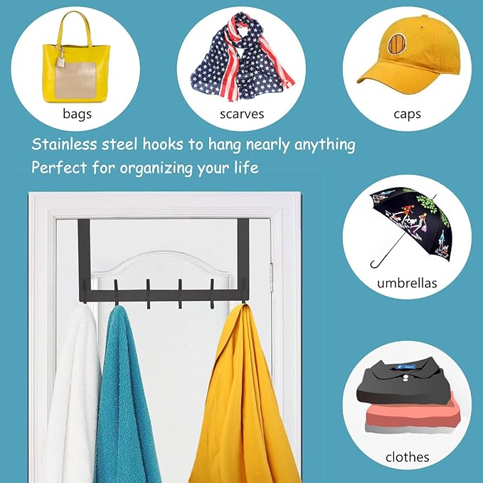DOKU Over The Door Hook, Heavy Duty Over Door Hanger Holder for Coat Robe Hat Clothe Towels Hanging, Bathroom Organizer Towel Rack 12 Hooks, Matte Black