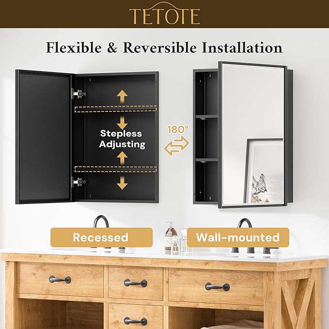 TETOTE 60" x 30" Black Recessed Medicine Cabinets Mirror Bathroom Storage Cabinet Mirror with Adjustable Shelves for Farmhouse Vanity