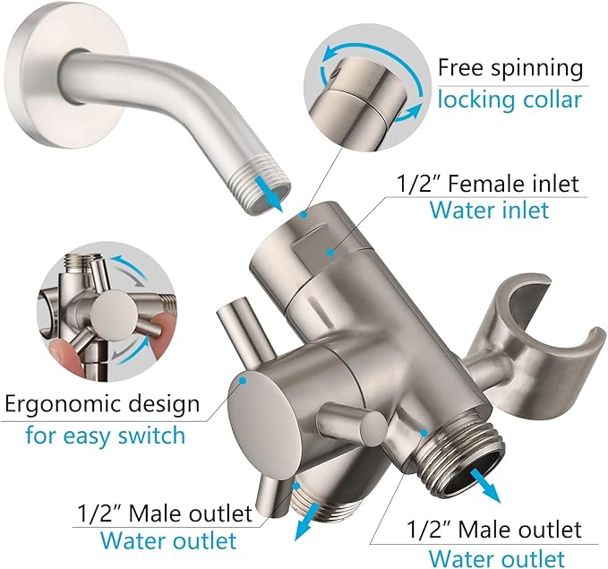 PDPBath Solid Brass 3 Way Shower Arm Diverter Valve with Handheld Holder for Dual Shower Heads with G1/2 Universal Connection - Brushed Nickel