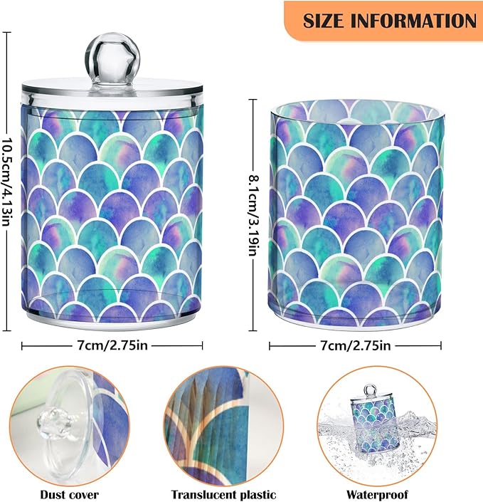 MNSRUU 4 Pack Qtip Holder Organizer Dispenser Watercolor Rainbow Scales Of Mermaid Bathroom Containers Bathroom Vanity Storage Canister Apothecary Jars for Cotton Swabs/Pads/Floss