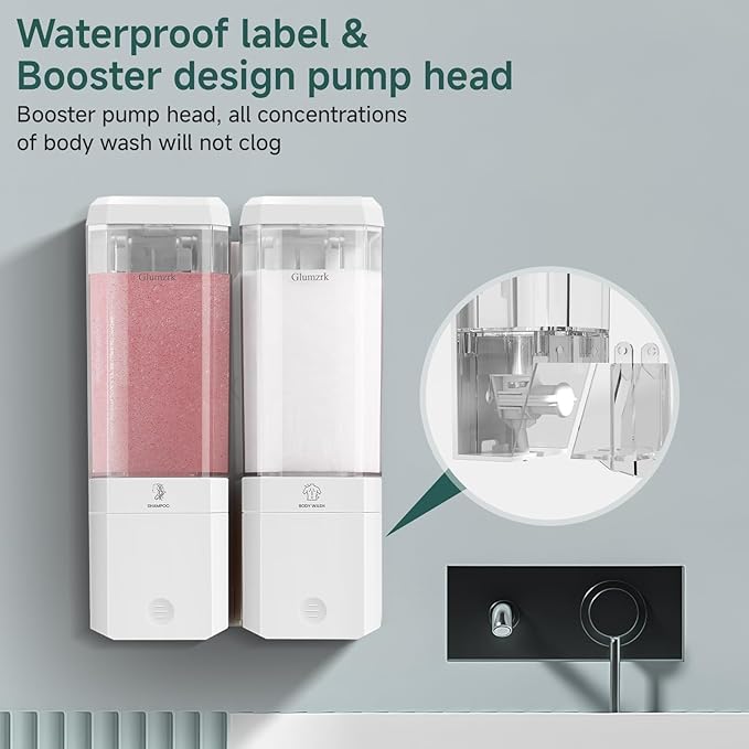 Shampoo and Conditioner Dispenser Wall Mounted No Drill, Shower Soap Dispenser 2 Chamber Shampoo Conditioner Body Wash Refillable 2 * 17oz Shower Soap Dispenser for Bathroom Hotel, White+Clear