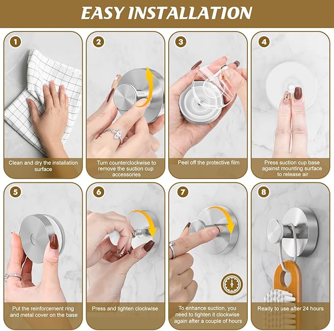 BKV Suction Cup Hooks for Glass Window,Removable Shower Hooks for Inside Shower,Metal Towel Hooks for Bathrooms,2 Pack(Silver)