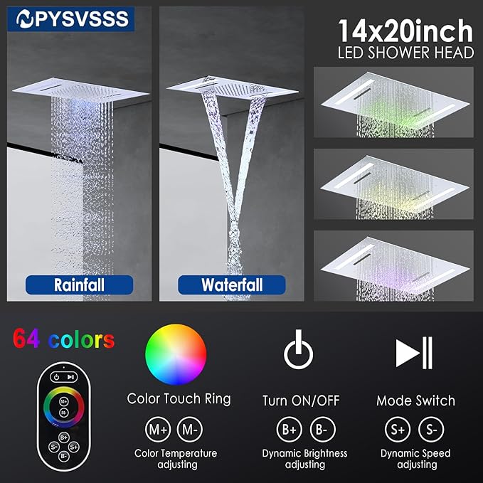Multi Full Body Thermostatic Luxury Spa Shower System And 14x20 Inch LED 4 Functions Faucet Set, Rainfall Spray Waterfall Can Be Turned On Simultaneously,Polished Chrome