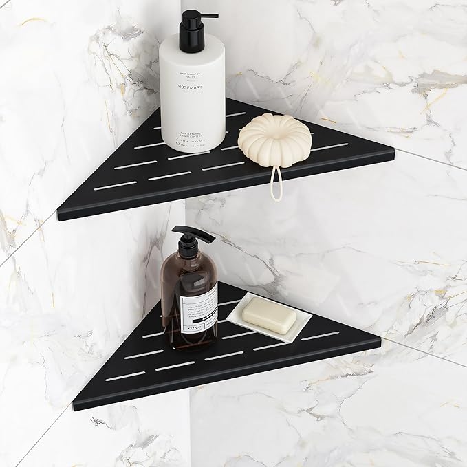 Corner Shower Shelves, 10” Recessed Tile Shower Shelf, 304 Stainless Steel Grout in Corner Tile Shower Shelves, No Drilling, Matte Black, 2 Pack