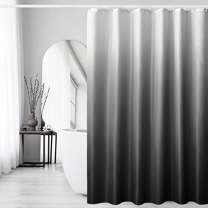 Gibelle Black Shower Curtain, Waffle Weave Ombre Fabric Shower Curtain for Bathroom, Black and White Gradual Color Washable Cloth Bathroom Curtains Shower Set with Hooks, 72 x 72