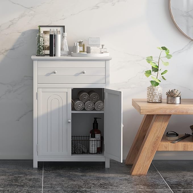 COSTWAY Bathroom Floor Cabinet, Wooden Side Storage Organizer w/Larger Drawer, Adjustable Shelf & 2-Door Cupboard, Freestanding Storage Cabinet for Living Room, Kitchen, Entryway (White)