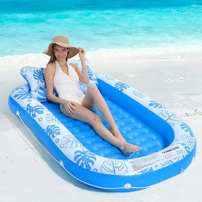 Inflatable Tanning Pool Lounger Float with Cervical Pillow - Pool Floats Adult for Sunbathing, Backyard, Pool Party - Inflate Ball Pit for Babies - Kids Swimming Pool Bed