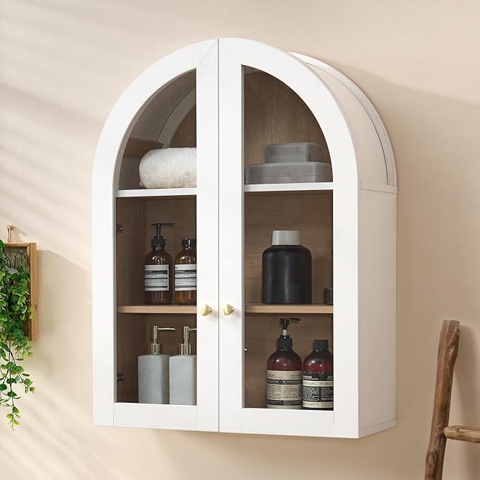 Bathroom Arched Wall Cabinet, 23.5'' Wide Medicine Cabinet, Bathroom Cabinet Wall Mount with Glass Doors & Adjustable Shelves, Over The Toilet Storage Cabinet for Laundry Room, Bedroom,Kitchen, White