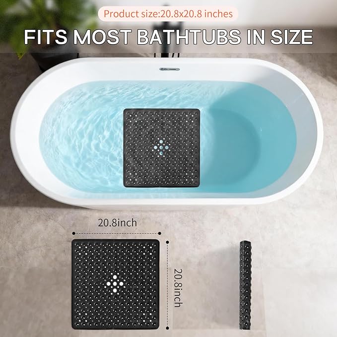 Anti-Slip Bathtub Shower mat, 20.8×20.8（Approximately 53×53cm） inch Soft Oversized Machine Washable Non-Slip Bathtub mat with Drainage Holes, Bathroom Floor Suction Cup.（1-Opaque Black）