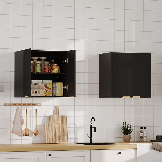 ChooChoo Bathroom Wall Cabinet, Kitchen Storage Cupboard Cabinet with 2 Doors, Fluted Laundry Room Cabinet for Bathroom, Kitchen, Garage, Black