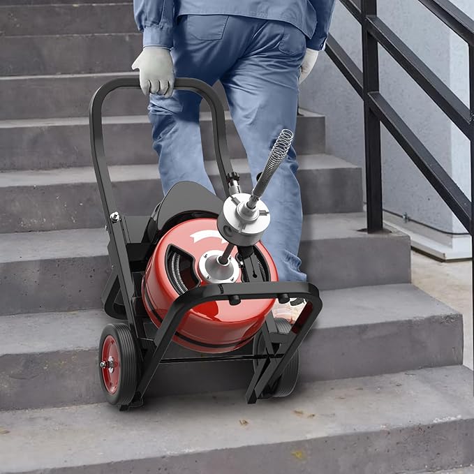 Electric Drain Cleaning Machine 100Ft 1/2 Inch, 450W Auto Feed Portable Sewer Snake, Drain Auger with 6 Cutter and Air-Activated Foot Switch for 2"–4" Pipes