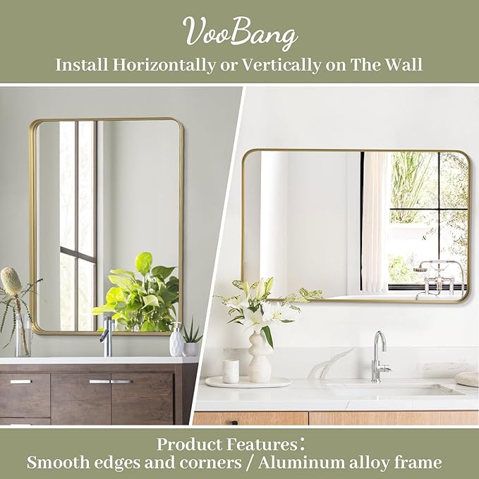 VooBang Bathroom Mirror 24x36 inch, Gold Gorgeous Deep Frame Wall Mirror, Modern Round Corner Bathroom Vanity Mirror for Bedroom, Living Room, Hanging or Leaning Horizontal or Vertical, Gold