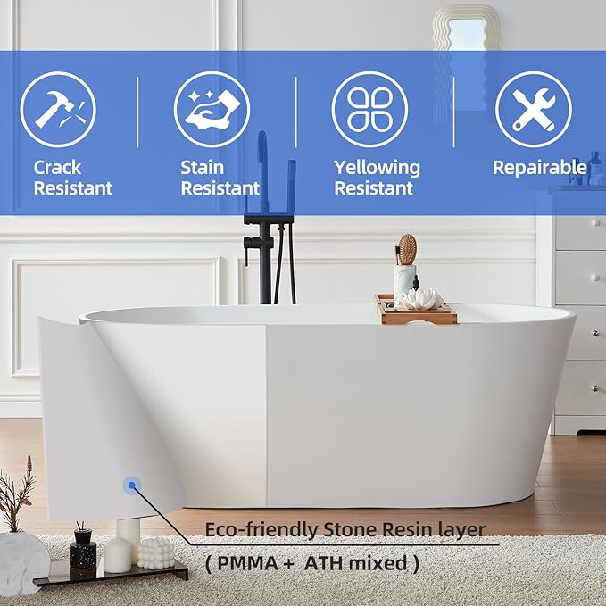 Cpingao 71" Stone Resin Freestanding Bathtub, Contemporary Oval Solid Surface Soaking Stand Alone Tub, Matte White, Drain & Overflow Included 8816-1800