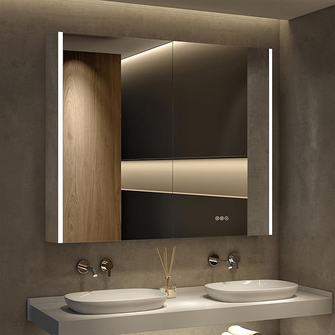 Medicine Cabinet with LED Lights and Mirror, 48 x 32 Inch Surface or Recessed Mounted Bathroom Cabinets with Door, Defogger, Memory Function, 3-Color Mode, Outlet&USB, Dimmer, Storage Shelf
