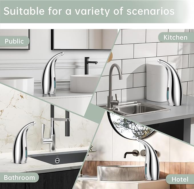 Automatic Soap Dispenser Touchless,300ML Hand & Dish Countertop Electric Liquid Rechargeable Dispenser with Sensor,Modern 4 Gear Adjustable Waterproof Kitchen Auto Soap Pump（Silver）