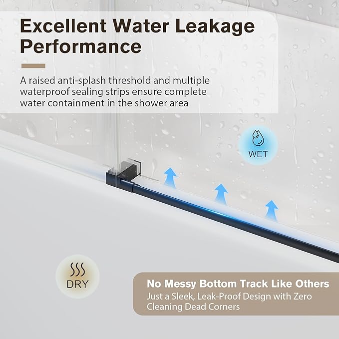 Bathtub Shower Door Frameless, 55-60" W x 60" H Sliding Tub Shower Door, 1/4''(6mm) SGCC Tempered Glass with Explosion-Proof Film Nano Coating, Stainless Steel Hardware, Matte Black