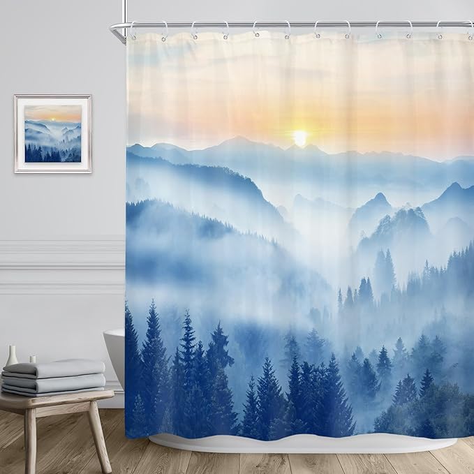 Riyidecor Misty Mountain Shower Curtain 60Wx72H Inch Blue Spring Scenery Sunrise Foggy Woodland Greenery Smokey Tree Nature Pine Scenic Bathroom Decor Fabric Polyester Waterproof 12 Pack Hooks