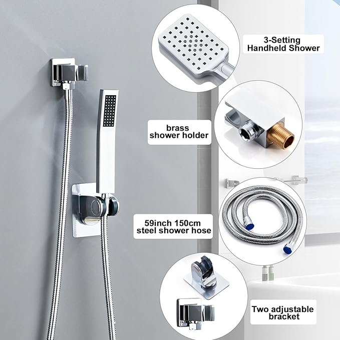 8 Inch Shower Faucet Set Ceiling Mount, High Pressure Rainfall Shower System, Square Rain Shower Head with Handheld Spray Combo, Ceiling Luxury Rainfall Shower Fixtures (L-Style)