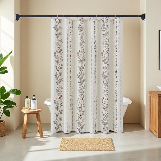 ORTIGIA Farmhouse Floral Shower Curtains for Bathroom Linen Boho Vintage Shower Curtain Set with Metal Hooks Waterproof Block Print Rustic Fabric Bath Curtain for Home, Weighted, 72x72