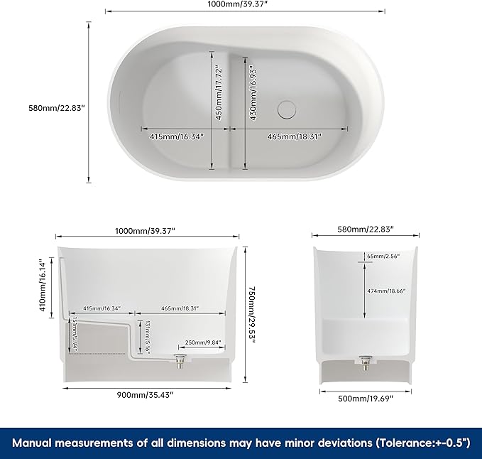 39" Stone Resin Janpanese Soaking Tub, Freestanding Deep Soaking Bathtub with Seat Desgin,Toe-tap Chrome Right Drain, Slotted Overflow, cUPC Certified, in Matte White