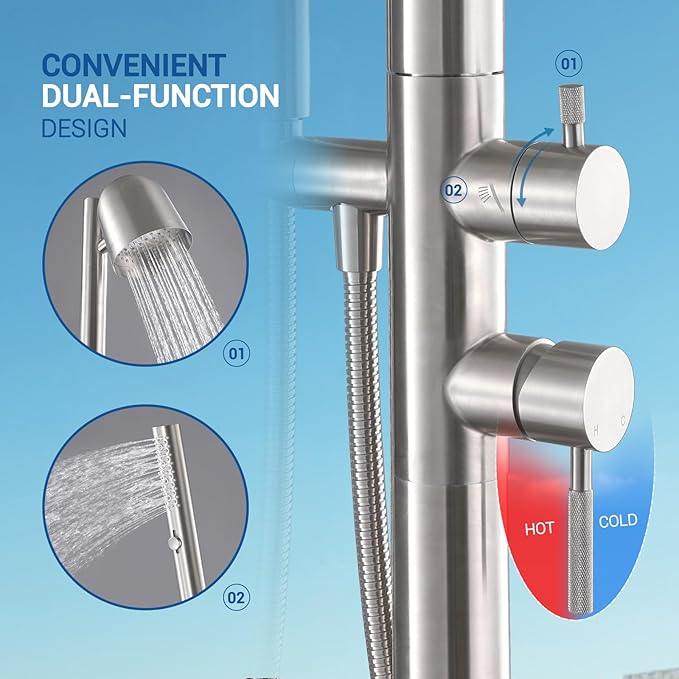 Freestanding Outdoor Shower Faucet Set, Outdoor Shower Kit with 3-Function Handheld Shower and Rain Shower, Stainless-Steel Outdoor Shower System for Patio, Pool, Garden - Brushed Nickel