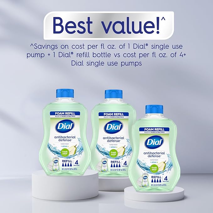 Dial Antibacterial Defense Foaming Hand Soap + Aloe, Fresh Pear Scent, 30 Fl Oz Hand Soap Refill (Pack of 4), Dermatologist-Tested, Gentle on Skin