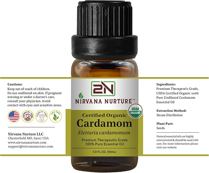 Cardamom Essential Oil USDA Certified Organic, 100% Pure Natural Premium Grade, Undiluted