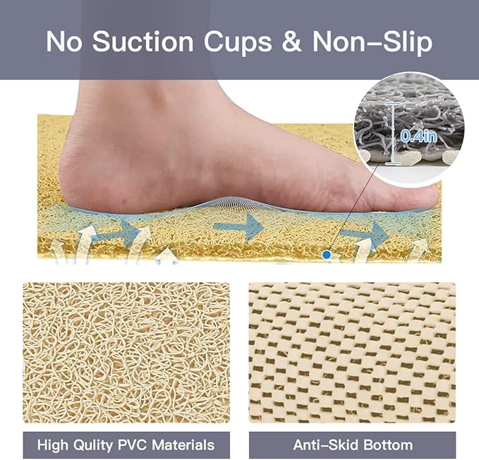 Shower Mat Non Slip,27 x 27 Inch Extra Large Bath Mat with Drain,Soft Square Loofah Shower Stall Mat Bathtub Mat for Bathroom,Without Suction Cups (Beige)