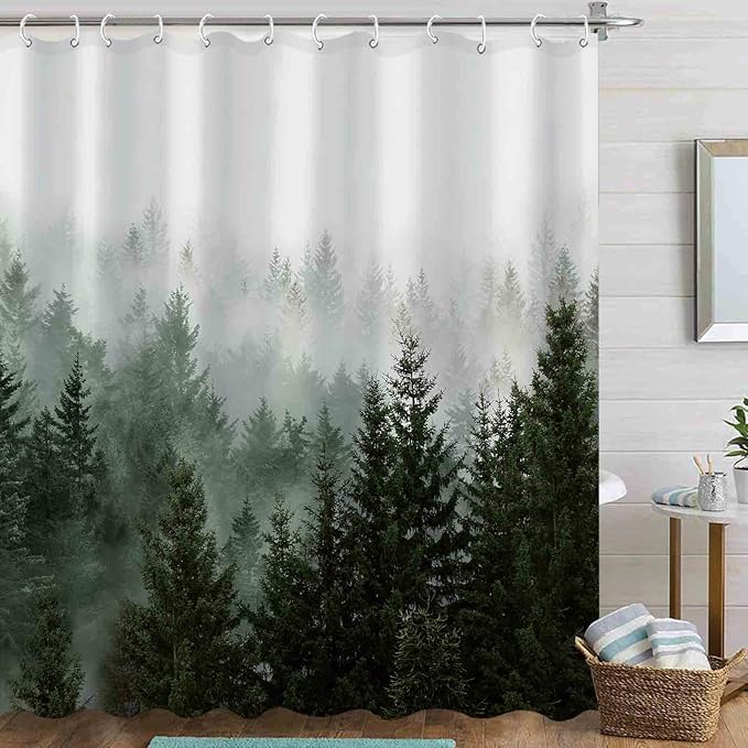 Aipon Green Misty Forest Shower Curtain Nature Tree Shower Curtain Set Dark Green Fabric Waterproof Shower Curtains for Bathroom Decor with 12 Hooks (72'' × 84'', Green4)