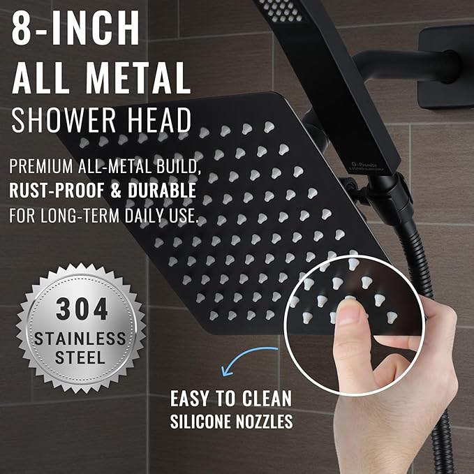 All Metal Shower Faucet Set, Dual Square Shower Head System with Handheld Wand, Diverter, Hose Complete Combo, Pressure Balance Rough-in Valve and Tub Spout Included (Matte Black)