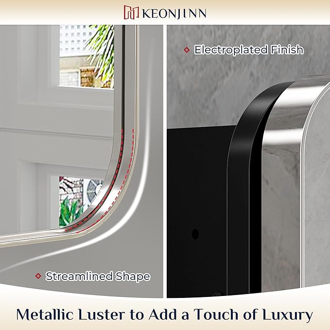 Keonjinn 20 x 32 Inch Chrome Medicine Cabinets for Bathroom with Mirror Adjustable Shelves Stainless Steel Framed Rounded Rectangle Single Door Surface Wall Mounted Silver Bathroom Storage Cabinet
