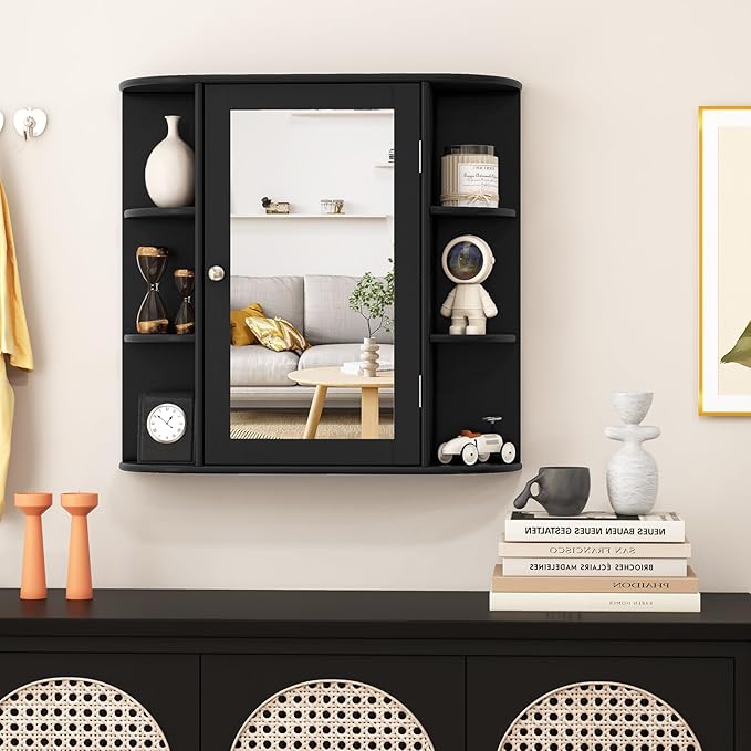 RELAX4LIFE Bathroom Wall Cabinet with Mirror - Medicine Cabinet w/Door, 6 Open Shelves & Adjustable Shelves, Over The Toilet Storage Cabinet Organizer, Mirrored Bathroom Cabinet Wall Mount (Black)